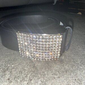 Vintage Gold Rhinestone Buckle w/ Black Leather Belt 30 Disco 70s Club Party